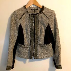 White House Black Market WHBM Tweed Blazer Full Zip Fringe Trim Jacket 2